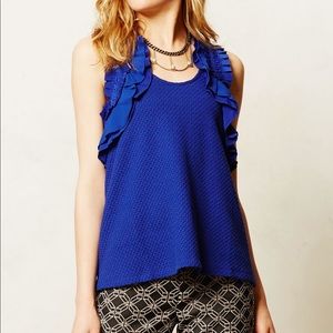 ANTHROPOLOGIE Deletta “Clemente” Blue Sleeveless Ruffled Top, Size Small — GUC